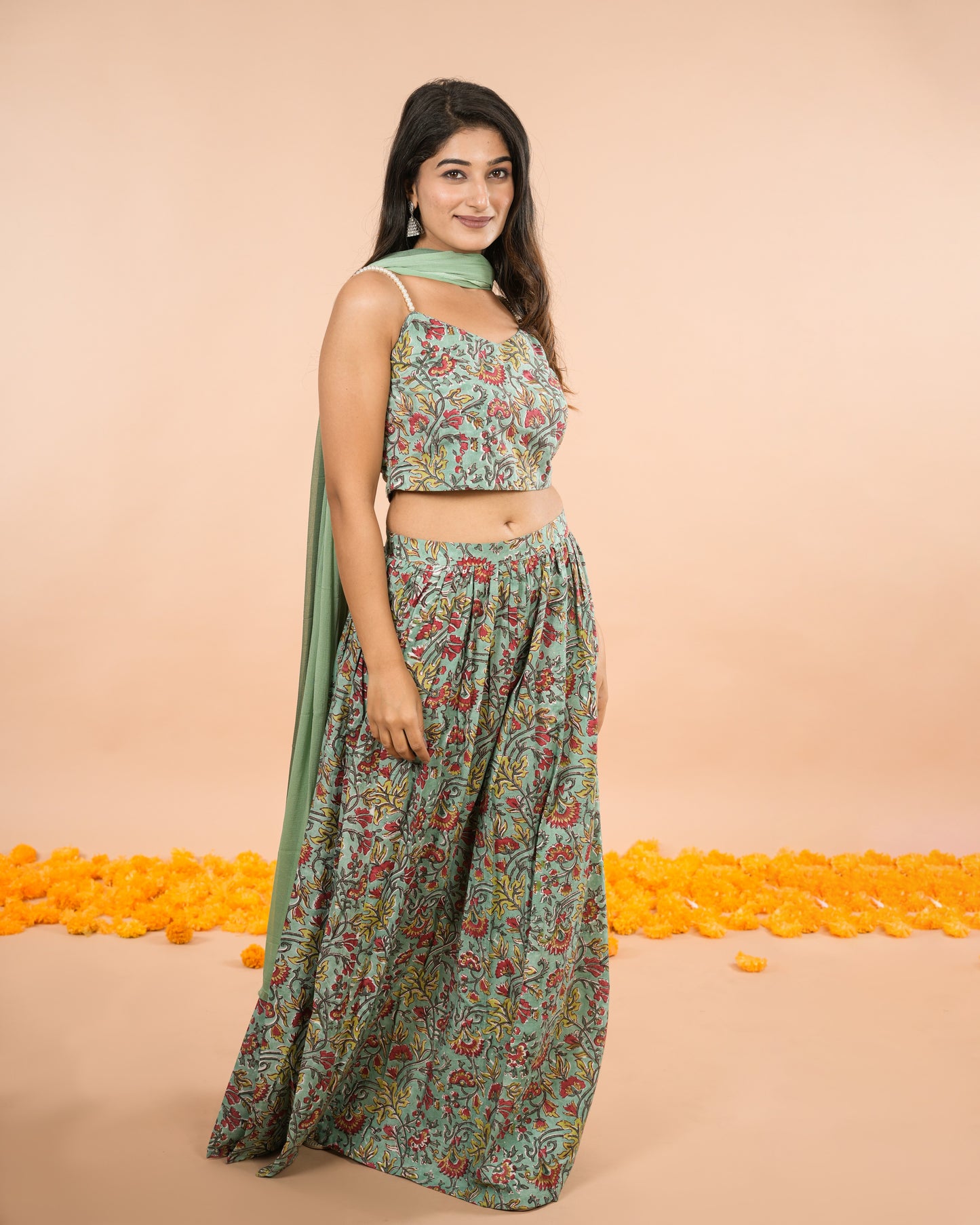 Green Floral Lehenga Choli with Dupatta