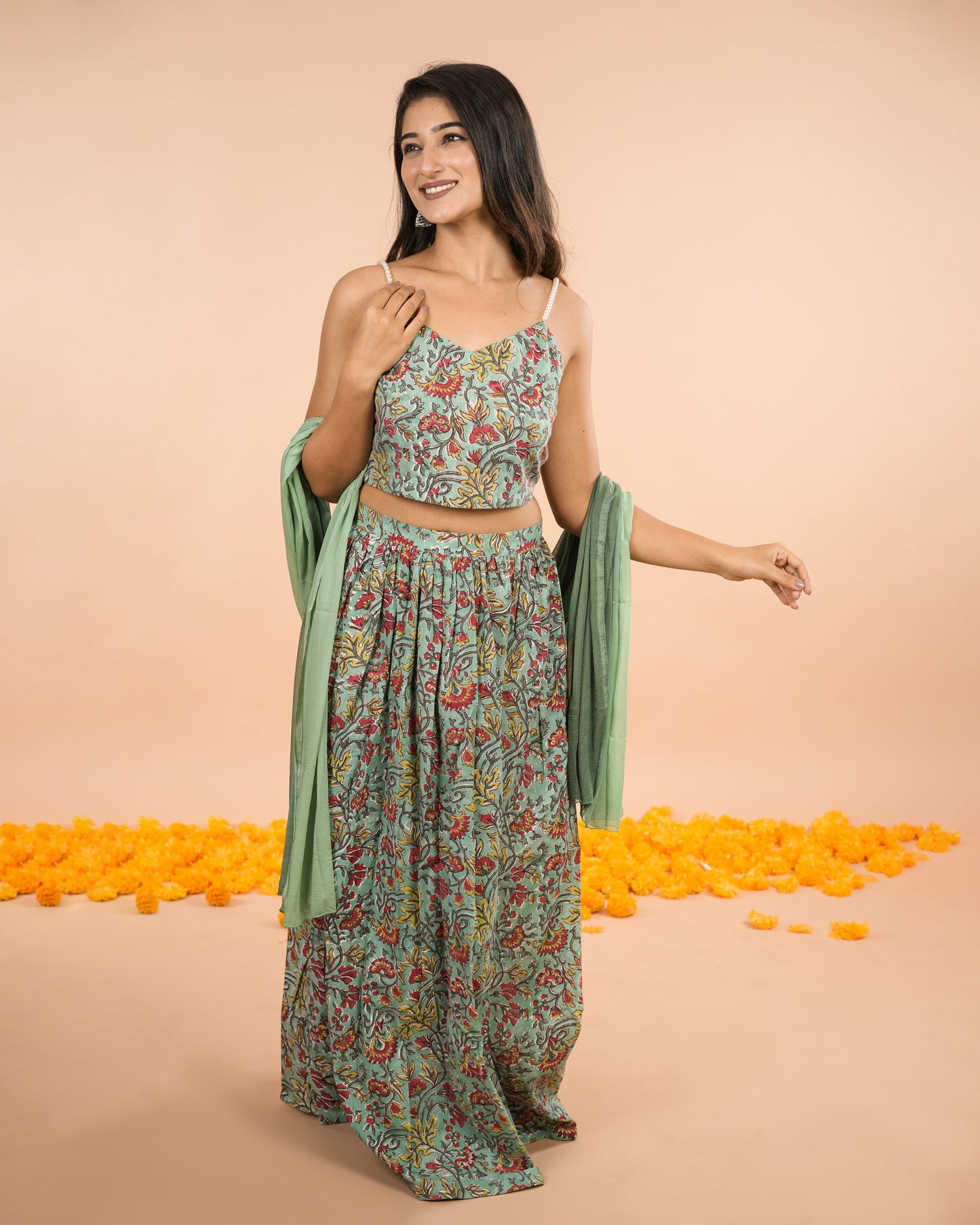 Green Floral Lehenga Choli with Dupatta