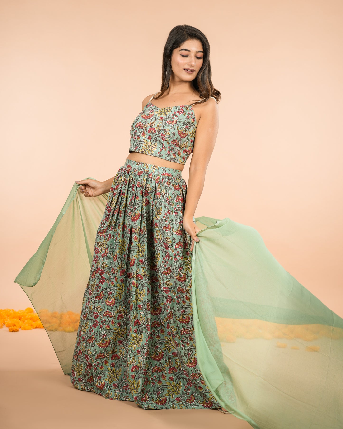 Green Floral Lehenga Choli with Dupatta